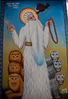 Painting depicting Abune Gebre Menfes Kidus, egyptian christian saint highly revered in Ethiopia