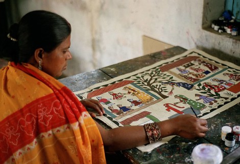 Woman painting Mithila art, working in a handicraft centre, Janakpur, Nepal, Asia