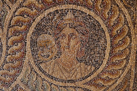 Thaleia, the blossoming muse, the muse of comedy, comic mask, one of the nine muses, antique mosaic