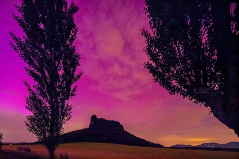Northern lights over Saxon Switzerland, Ebenheit, Saxony, Germany, Europe