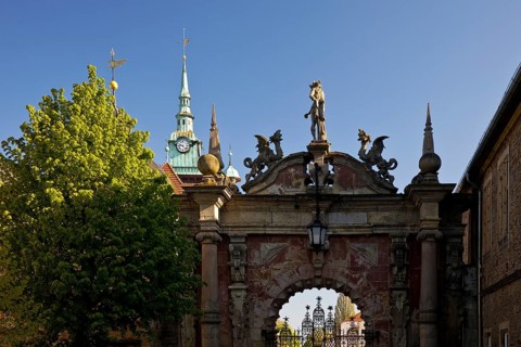 Castle portal with the town hall spire, Bueckeburg Castle, Bueckeburg, Lower Saxony, Germany,