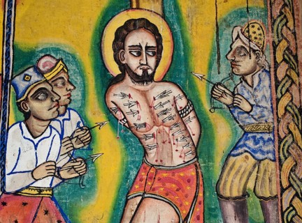 Jesus Christ crucifixion, mural painting in an orthodox monastery, Ura Kidanemeret monastery, Lake
