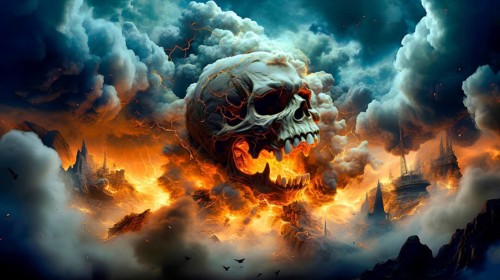 Symbol image for a gas attack during a military conflict of an enemy state, a skull in the midst of