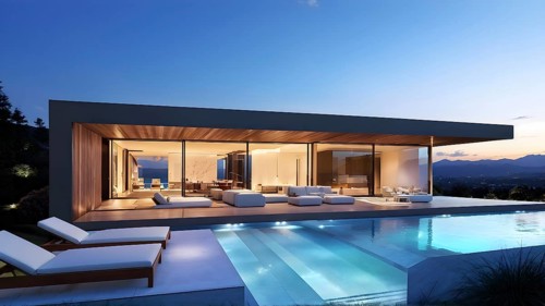 Luxurious wooden house with swimming pool reflecting the opulence of billionaires nestled in