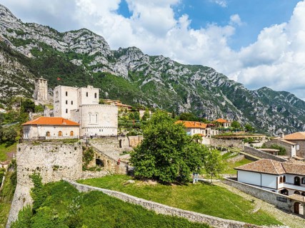 Kruje and Mount Kruje from a drone, Ishem River, Albania, Europe