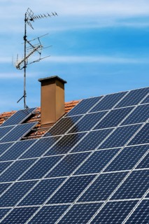 Roof with solar panels, chimney and antenna, Allgaeu, Bavaria, Germany, Europe