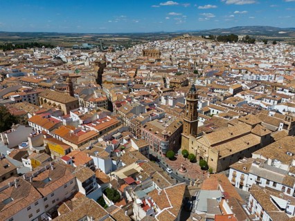 Historic Spanish town with densely packed houses and terracotta-coloured roofs under a sunny sky,