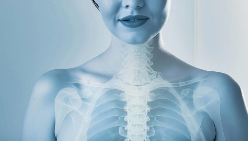 X-ray image of a woman with visible chest and spine against a blue background, AI generated, AI