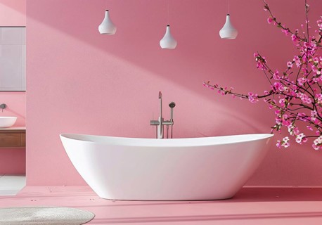 Pink bathroom Interior with a modern modern bathtub, AI generated
