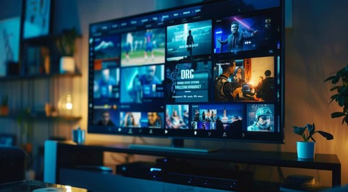 Digital streaming platform with movies and series on large TV screen, AI generated