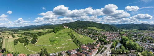 Aerial view, panorama of Staufen Castle, on a vineyard, Schlossberg, Staufen im Breisgau,