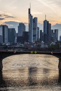 Skyline and banking district at sunset, twilight, Tower 185, Commerzbank, HelaBa, Hessische
