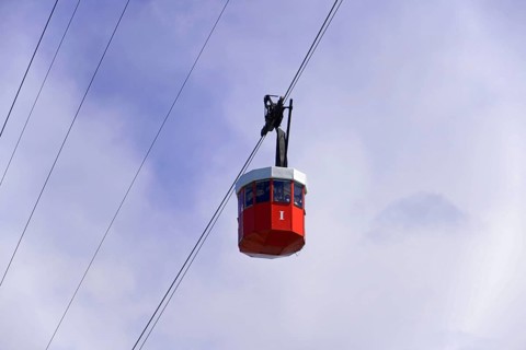Teleferic cable car, Teleferic de Montjuic, and Torre de San Sebastia, Barcelona, Catalonia, Spain,
