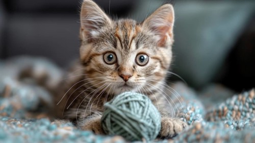 A striped kitten with blue eyes interacts with a green yarn ball in a warm home setting, AI