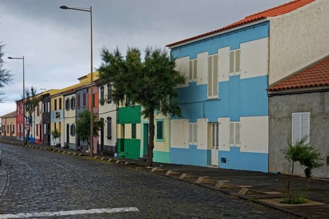 A quiet street with colourful houses, lined with trees, under a cloudy atmosphere, coastal town of
