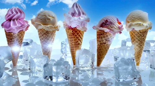 A row of ice cream cones with different flavors, AI generated