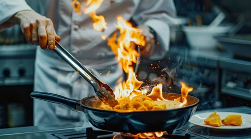 Chef in modern kitchen preparing gourmet meal in upscale restaurant of world cuisine, AI generated