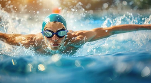 Competitive muscular athlete swim butterfly style in a pool. Concept of leadership and power, AI