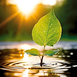 Abstract digital painting embodying sustainability with intertwining leaves glisten with water