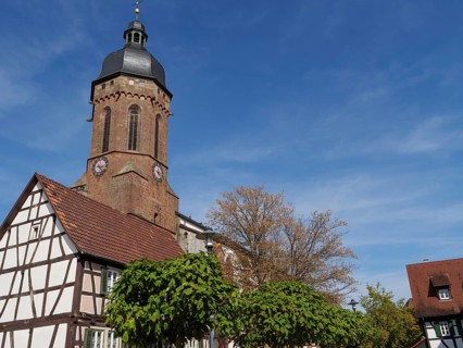 Traditional tower and half-timbered house surrounded by trees under a blue sky, historic