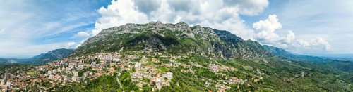Panorama of Kruje and Mount Kruje from a drone, Ishem River, Albania, Europe