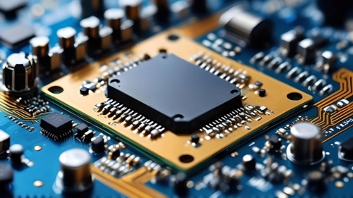 Close-up of a printed circuit board with microchip processor CPU, various electronic components and