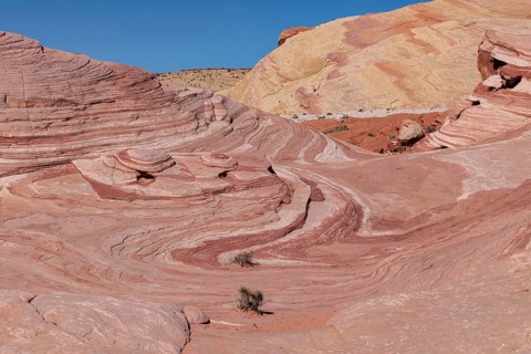 Layered rock formations along the Fire Wave Trail at Valley of Fire State Park near Overton,