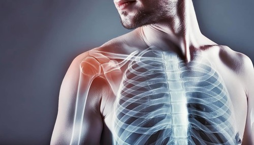 Man with visible skeleton of the shoulder and chest area, AI generated, AI generated