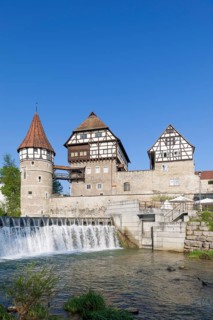 Zollernschloss Balingen on the Eyach, weir, barrage, Balingen, Baden-Wuerttemberg, Germany, Europe