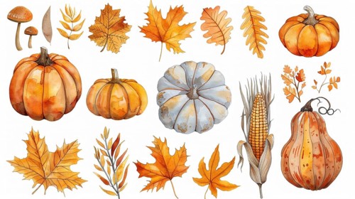 Watercolor illustration of various pumpkins, autumn leaves, corn, and mushrooms in warm fall