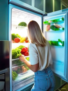A young woman stands in front of the open fridge with lots of vegetables in it, healthy eating, AI