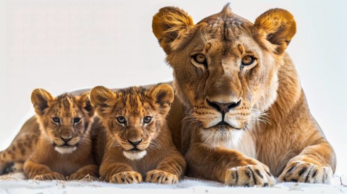 Lioness and her two cubs lying closely together, displaying family bond and protection, AI