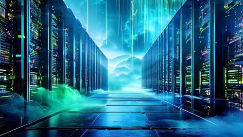 Server racks aligned in rows within a cloud computing data center background and data streams