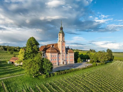 Aerial view of the pilgrimage church Birnau on Lake Constance, Uhldingen-Muehlhofen, Lake Constance