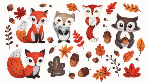 Charming illustration of foxes and a raccoon with acorns and autumn leaves depicting a whimsical
