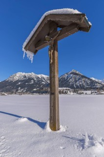 Field cross with Christ figure, Lorettowiesen near Oberstdorf, Allgaeu Alps, Allgaeu, Bavaria,
