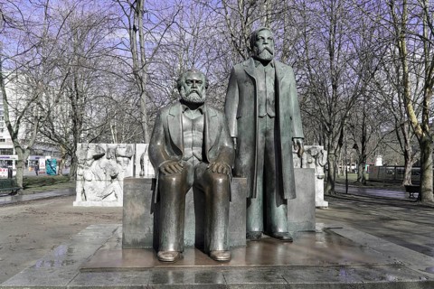 Bronze figures of Karl Marx and Friedrich Engels, Marx-Engels-Forum, Berlin, Germany, Europe,