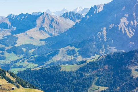 Vast mountain landscape with deep valleys, green forests and illuminated sunlight, mountain
