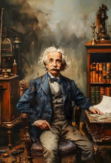 Oil painting of the physicist Albert Einstein sitting in a chair in an office, AI generated, AI