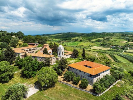 Apollonia Archaeological Park from a drone, Pojan, Albania, Europe