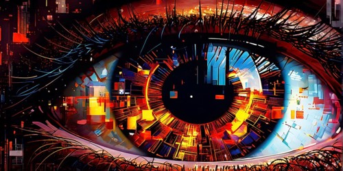 Illustration mosaic collage of an abstract detailed eye morphing into urban cityscape, AI generated