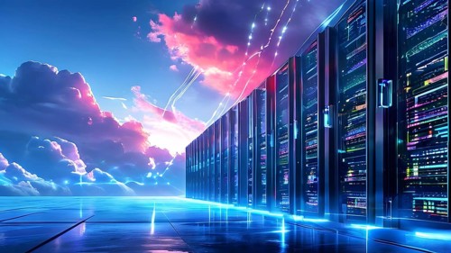 Server racks aligned in rows within a cloud computing data center background and data streams