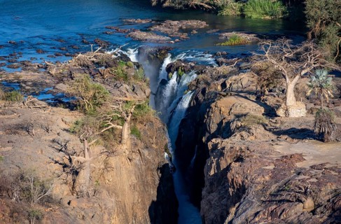 Kunene River, waterfall and African Baobab (Adansonia digitata), in the evening light, Epupa Falls,