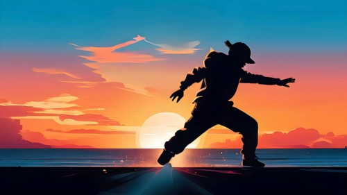 Illustration of a breakdancer silhouette in calm harmony bathed in the breathtaking palette of a