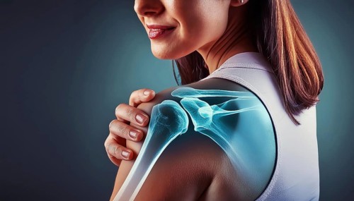 Woman showing her shoulder with superimposed X-ray image, AI generated, AI generated