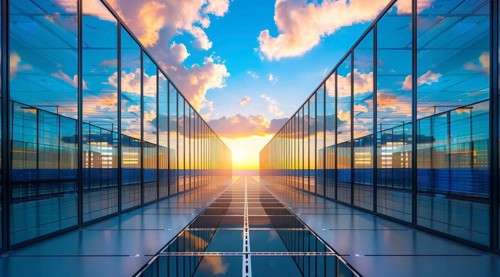 Cloud services concept and server farm supporting cloud applications for enterprise clients, AI