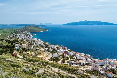 Saranda from a drone, Albanian Riviera, Albania, Europe