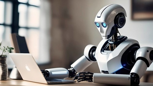 Android, robot writing on a laptop in the home office, symbolic image artificial intelligence