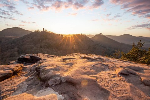 View of Trifels Castle, from Engels Landing rock, with the young tower in autumn at sunset.
