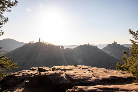 View of Trifels Castle, from Engels Landing rock, with the young tower in autumn at sunset.